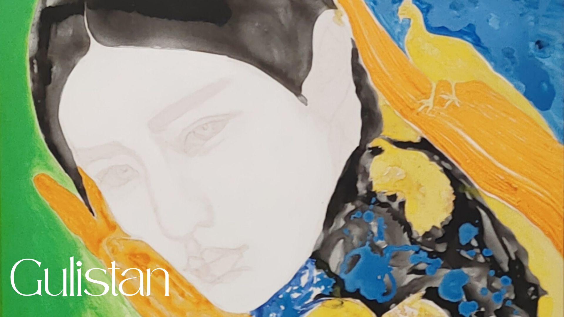 Detail maľby od Gulistan z cyklu Time Garden: Alabastrový portrét s vibrujúcim neónovým pozadím v rímskej galérii moderného umenia.