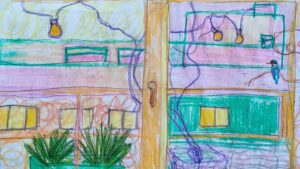 Ilustrácia terasy s kvetmi a vtáčikom