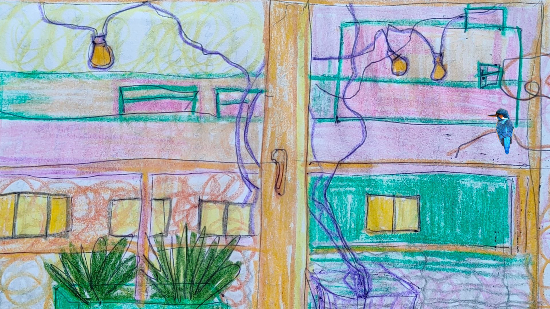 Ilustrácia terasy s kvetmi a vtáčikom