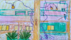 Farebná ilustrácia terasy s rozkvitnutými kvetmi v kvetináčoch, kde na zábradlí pokojne sedí malý vtáčik.