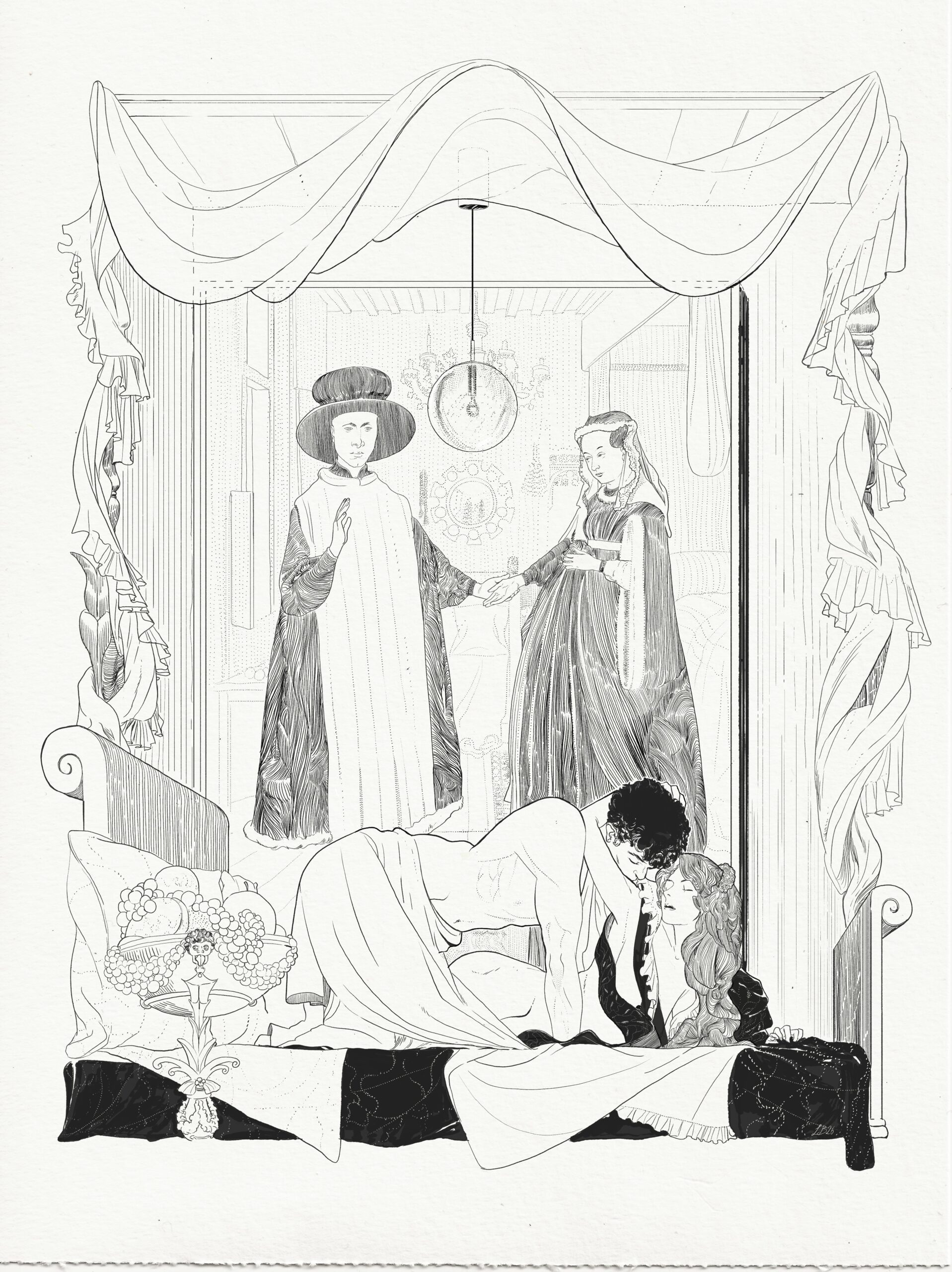 Ilustrácia milostnej scény od Lucu Belardiho k erotickej novele Príbehy a peripetie Gertrud Wurmovej. (Zobrazená intímna dvojica).